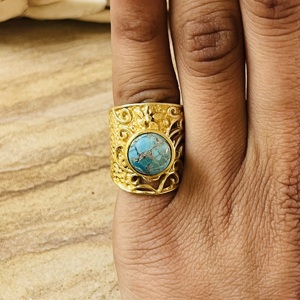 High Demand Turquoise Brass <b>Ring</b> 18K <b>Gold</b> Plated Filigree Texture <b>Ring</b> <b>Cocktail</b> Boho Floral Wholesale <b>Ring</b> For Women Chunky <b>Ring</b> - Product Image 4