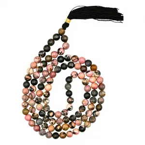 Collier Mala en Rhodonite Naturelle 108 Perles, Perles de Prière Rondes en Pierre Gemme de 8mm, Méditation Yoga, Fait Main, Certifié, Pompon, Vente en Gros - Product Image 1