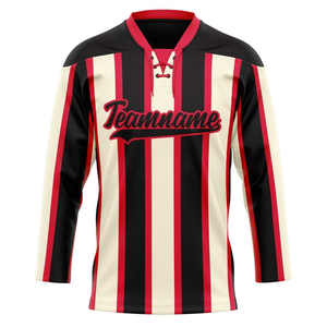 Camiseta de hockey personalizada en negro, gris y rojo, con nombre y número personalizados, manga larga, con cordones, para equipo. - Product Image 6