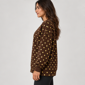 Sweat-shirt à col rond pour femme, couleur marron chocolat, avec pois jaunes dorés sur toute la surface, manches longues, logo personnalisé - Product Image 2
