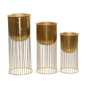 Modern Eco-Friendly Brass Square <b>Flower</b> Pots Set with Galvanized Finish and <b>Wire</b> Stand for Indoor Plant Decor - Product Image 1