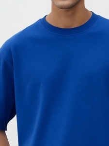 เสื้อยืดคอตตอนสีน้ำเงินล้วนทรงโอเวอร์ไซส์สำหรับผู้ชาย ขายส่ง คอกลม แขนสั้น สไตล์ลำลอง สตรีทแวร์ ระบายอากาศ แห้งเร็ว ผ้าเจอร์ซีย์ถัก 240 กรัม - Product Image 3