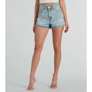 Shorts de Mezclilla de Cintura Alta con Detalles Desgastados y Agujeros, Estilo Casual de Verano para Mujer, Shorts de Mezclilla de Algodón Azul Claro - Product Image 5
