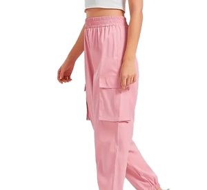 Women Pink Cargo Pants Mid Waist Elastic Loose Fit <b>Ankle</b>-Length Solid Color Cotton Casual Spring Style With Pockets - Product Image 6
