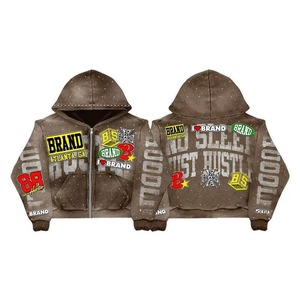 Sweat à capuche vintage en coton délavé style hip-hop avec patch brodé personnalisé, fermeture éclair, en molleton bouclette, pour homme et femme, idéal pour le sport - Product Image 2