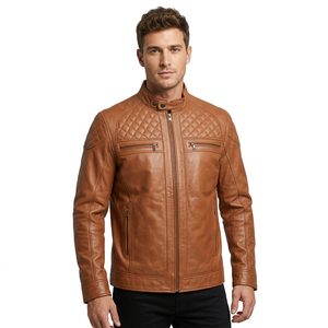 <b>Men's</b> <b>Brown</b> <b>Leather</b> <b>Jacket</b> Stand Collar Zipper Regular Fit Solid Color Autumn Wear - Product Image 5