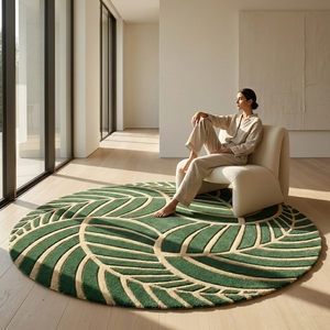Alfombra Redonda de Hojas Verdes Hecha a Mano, Alfombra de Lana Botánica con Diseño Tropical, Alfombra de Área de Tamaño Personalizado, Decoración de Hogar de Lujo - Product Image 1