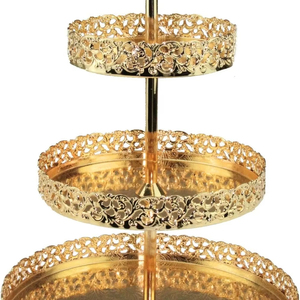 Luxury design three tier round metal serving stand with intricate gold finish perfect for <b>desserts</b> cupcakes weddings parties - Product Image 1