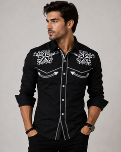Chemise Western Noire Brodé pour Homme, Coupe Slim, Boutons Pression Perlés, Col Passepoilé, Manches Longues Contrastantes, Idéale pour Spectacles Scéniques - Product Image 1
