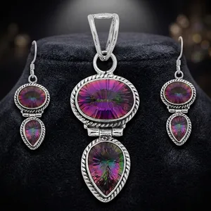 Gorgeous Mystic Topaz Sterling Silver Jewelry Set With Elegant Pendant Earrings Pretty Multicolor Gemstone Design For Women - Product Image 4