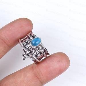 925 Sterling Silver Plated Bee Spinner Natural Blue Apatite Gemstone <b>Ring</b> Handmade Textured <b>Statement</b> Band Meditation <b>Ring</b> - Product Image 4