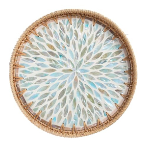 Plateau de service rond unique en rotin avec incrustation de nacre, plateau décoratif en osier pour table basse, plateau ottoman en matériau naturel - Product Image 1