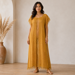 Robe Kaftan Midi Femme Moutarde avec Franges et Panneaux Transparents Légère Style Bohème pour l'Été, la Plage, les Vacances, Tenue Décontractée ou Tunique de Plage - Product Image 4