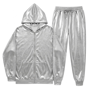 Conjunto Deportivo Unisex Color Granate con Capucha, Sudadera con Cierre Completo y Bolsillos Laterales, y Pantalones Deportivos a Juego, Estilo Casual, Color Sólido, para Otoño - Product Image 4