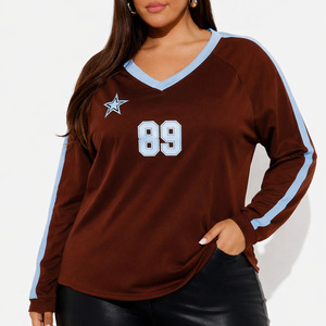 Maillot de sport personnalisé pour femme à manches longues et col en V, respirant, en polyester, pour entraînement, maillot de football américain marron personnalisé - Product Image 1