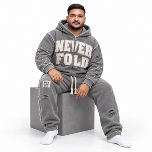 Conjunto de Sudadera con Capucha y Pantalones Jogger Lavado y Desgastado con Cremallera Completa, Unisex, Oversize, Estilo Urbano, con Detalle de Pedrería y Borde sin Rematar, Chándal de Dos Piezas - Product Image 1