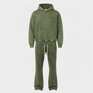 Conjunto Deportivo Personalizado de Invierno, Estilo Urbano, Lavado Ácido, Vintage, de Algodón Grueso, con Sudadera con Capucha y Pantalones Acampanados para Hombre, Ropa de Gimnasio - Product Image 1