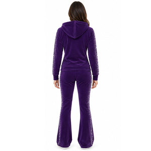 Ensemble de survêtement pour femme en velours violet à capuche, manches longues, imprimé à pois, fermeture éclair, taille élastique, coupe décontractée, toutes saisons - Product Image 3