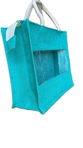 Kurumsal hediyeler için hazır stok toplu tedarik jüt sepet çanta pvc pencere tote taşıyıcı ile jüt çuval hediye çantası alışveriş çantası