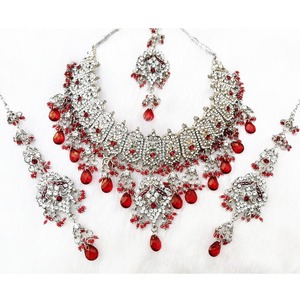 Silver Plated Alloy Jewelry <b>Set</b> Necklace Earrings <b>Bracelet</b> Red Crystal Rhinestone Flower Design Women's Wedding Classic Style - Product Image 1