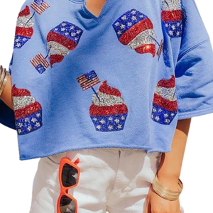 ชุดเซ็ตเสื้อแขนยาวกางเกงขาสั้นลำลองสำหรับวันชาติ 4 กรกฎาคม ลายปักเลื่อมคัพเค้ก วันประกาศอิสรภาพ ผ้าฝ้าย 100% - Product Image 3