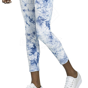 High Waist Tie Dye <b>Leggings</b> <b>Women</b> Full Length Stretch Knitted Sporty Blue <b>White</b> Pattern Plus Size Fitness Wear - Product Image 3