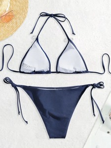 Ensemble bikini femme taille haute couleur unie avec soutien-gorge triangle rembourré amovible en tissu côtelé extensible et décolleté plongeant en V push-up - Product Image 6