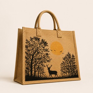Custom Logo Gujarat Multi-Size Beach <b>Jute</b> Tote <b>Bag</b> with Rope Handle Reusable <b>Shopping</b> Gift <b>Bag</b> Featuring Deer Tree Animal Print - Product Image 6