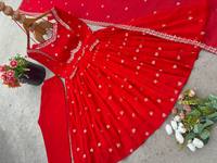 Baju Anarkali Georgette Merah Dengan Bordir Putih Tradisional, Model Longgar, Panjang Lantai, Pakaian Etnik Wanita Untuk Pernikahan