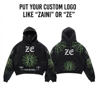 Erkek Asit Yıkama Kapüşonlu Sweatshirt 420 GSM Ağır Pamuklu Polar Siyah Örümcek Ağı Grafikli Özel Nakış Serigrafi Baskı Kabartmalı Baskı Logolu
