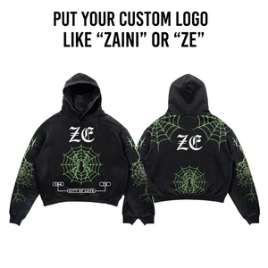 <b>Mens</b> Acid Wash Hoodie 420 GSM Heavyweight Cotton Fleece Black Spider Web Graphic Custom Embroidery Screen Print Puff Print Logo - Product Image 1