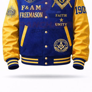 Veste universitaire personnalisée d'inspiration maçonnique – Corps en laine de qualité supérieure avec manches en cuir PU et symboles brodés - Product Image 3