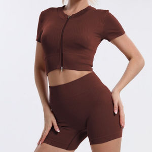 Ensemble de sport une pièce pour yoga, côtelé, avec short taille haute, crop top, fermeture éclair, en Spandex/Nylon, respirant, sans couture, col halter et col en V - Product Image 6
