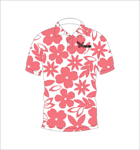 เสื้อโปโลลายดอกไม้สีแดงขาว ลายดอกชบา แขนสั้น ลำลองสำหรับฤดูร้อน มุมมองด้านหน้าด้านหลัง - Product Image 4