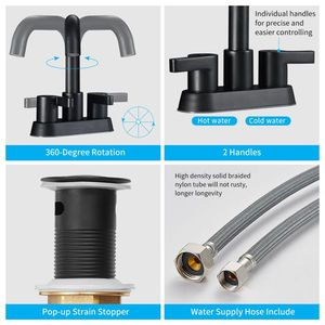 Rubinetti per lavabo a 3 fori, neri opachi, con 2 maniglie, interasse 4 pollici, con scarico a scomparsa e tubi di alimentazione acqua - Product Image 5
