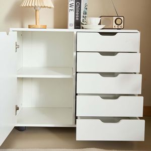 5-<b>Drawer</b> White Wood Office Storage Cabinet Adjustable Shelf Wheels Printer Stand Home <b>File</b> Cabinets - Product Image 5