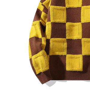 Pull en tricot à carreaux marron et jaune personnalisable pour homme, manches longues, vêtement d'automne, nouveau design, pulls en laine - Product Image 5