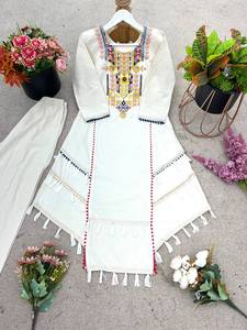 Casual Wear India Pakistan Style White with Colorful <b>Stitching</b> and Tassels Outfit Pure Khadi Cotton Embroidery Work Co-Ord Set - Product Image 6