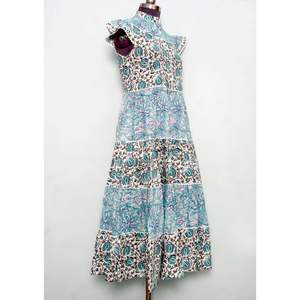 Robe longue vintage pour femme en coton, coupe trapèze, col rond, imprimé floral, manches courtes, avec ceinture boutonnée, respirante et séchage rapide - Product Image 5