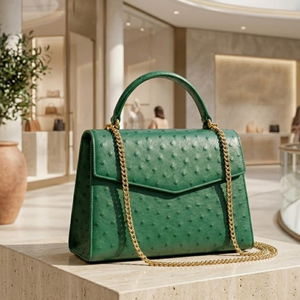 Sac à main portable en cuir d'autruche véritable vert, personnalisé, vintage, classique, pour femme, avec bandoulière détachable - Product Image 1