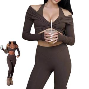 Ensemble de yoga 2 pièces pour femmes, haut court sans couture à bretelles croisées, à épaules dénudées, à manches longues, et leggings taille haute - Product Image 6