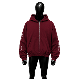 Sweat-shirt à capuche zippé brodé bordeaux de qualité supérieure, 100 % coton respirant, coupe oversize confortable, style urbain décontracté - Product Image 1