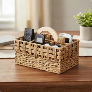 Handwoven <b>Remote</b> Control <b>Holder</b> Compartment Desktop Storage Caddy With Wooden Handle Suitable for Living Room & Office Decor - Product Image 2