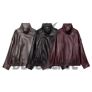 Men's Brown PU <b>Leather</b> Moto <b>Jacket</b> Stand Collar Single Button Closure Regular Fit Autumn Wear - Product Image 4