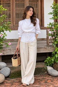 Custom OEM Women Linen/Cotton Blouse Long Sleeve Drawstring Waist Top Crew Neck Woven <b>2</b>-<b>Piece</b> <b>Set</b> Wholesale - Product Image 6