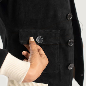 Women Black Genuine Suede <b>Leather</b> <b>Jacket</b> High Neck Button Up Slim Fit Casual Winter Bomber Coat Ribbed Knit Trim Outerwear - Product Image 3