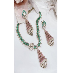 Adorable Premium Quality CZ <b>Statement</b> Moissanite Doublet Stones Look With Adjustable Back Chain <b>Necklace</b> and Earrings Set for - Product Image 2