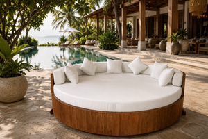 Contemporary Round Teak Sun <b>Lounger</b> with White Memory Foam <b>Cushions</b> Outdoor Patio Seating Solid Back Design - Product Image 6
