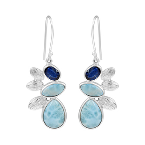Pendientes colgantes con forma de flor con zafiro y larimar en plata de ley 925 maciza con engaste de bisel para mujer, estilo bohemio. - Product Image 1