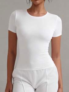 <b>Women's</b> <b>White</b> O-Neck <b>Short</b> <b>Sleeve</b> Loose Fit Jersey Cotton T-<b>Shirt</b> Ruched Knitted Fabric Breathable Spring Summer Casual Wear - Product Image 1